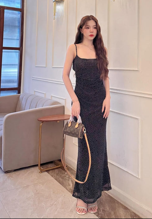 Sparkly Deep Back Lace Long Body-con Maxi Dress